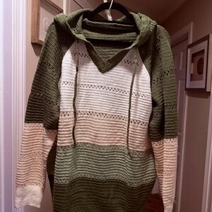 Green and Cream Striped Women's Sweater